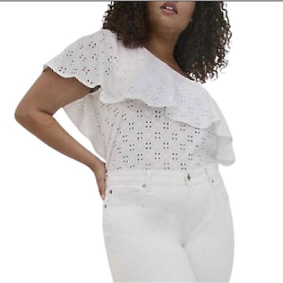 Torrid Top White Eyelet One Shoulder Size 1 Ruffle Cute Short Sleeve Shirt - Picture 3 of 11